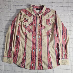Wrangler Retro Western‎ Shirt Womens L Beige Pink Diamond Southwest Snap Button